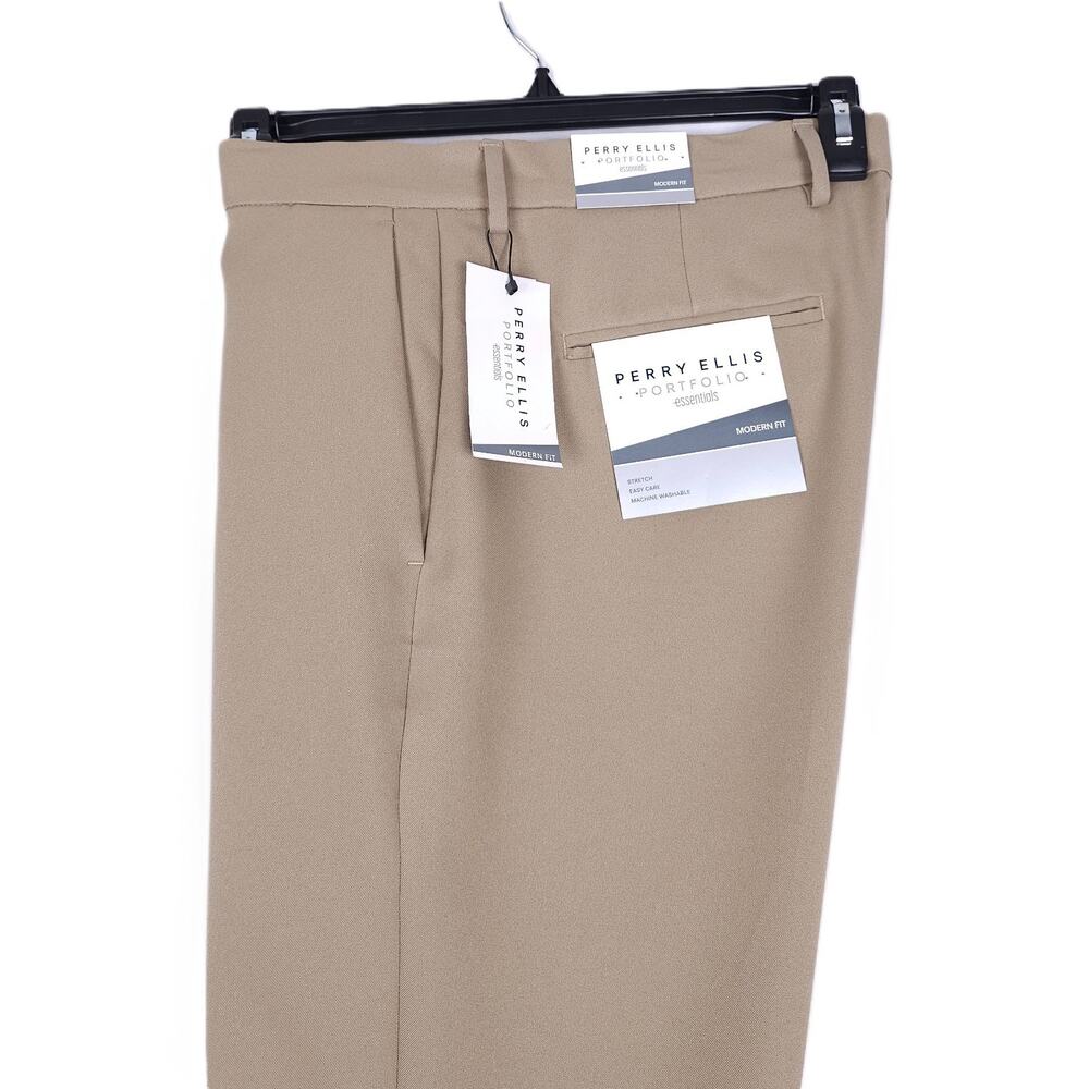 Perry Ellis Mens Modern Fit Dress Pants 34x30 Beige Elmwood Solid Stretch Twill